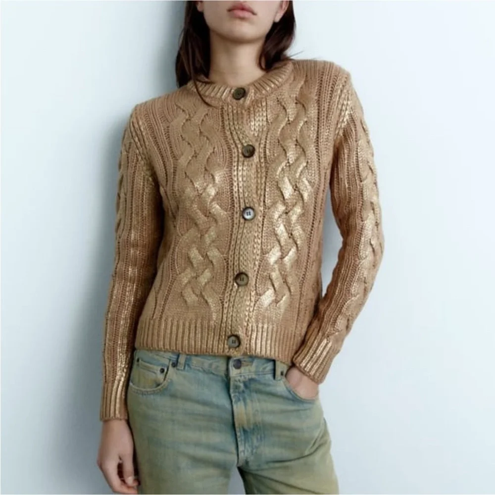 Zara NWOT Foil Cable Knit Sweater Cardigan Metallic Gold Button Up Size Large - Picture 3 of 10